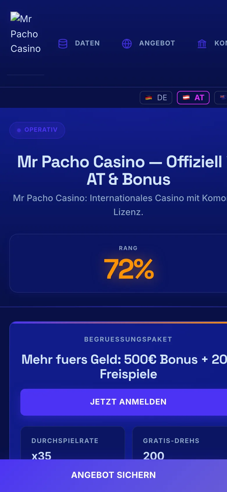 Mr Pacho Casino mobile lobby screenshot