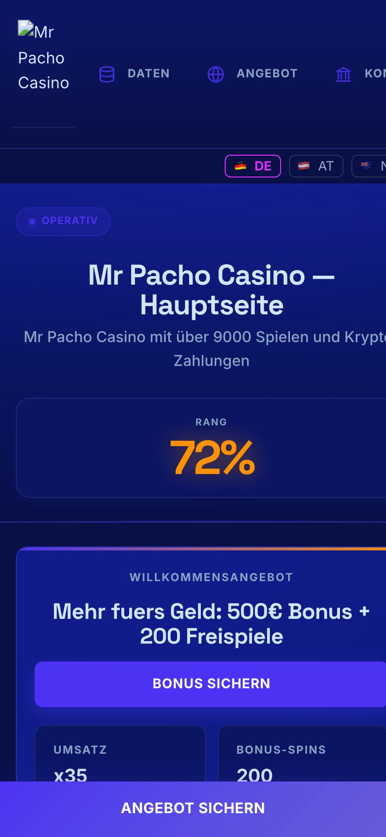 Mr Pacho Casino mobile lobby screenshot